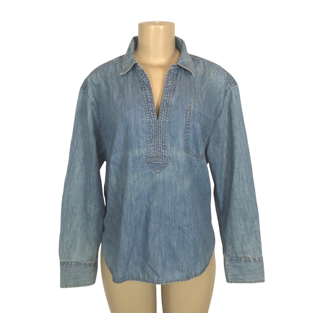Talbots Chambray Denim Popover Shirt Long Sleeve V-Neck Top Large Office Western